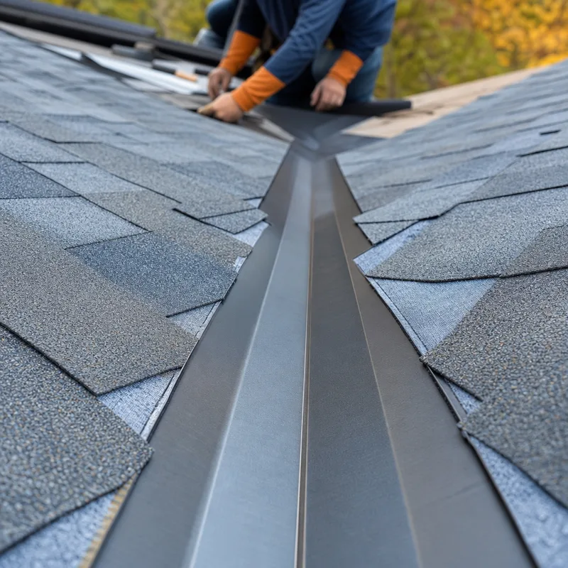 Properly formed metal roof valley with clean underlayment edges and transition lines