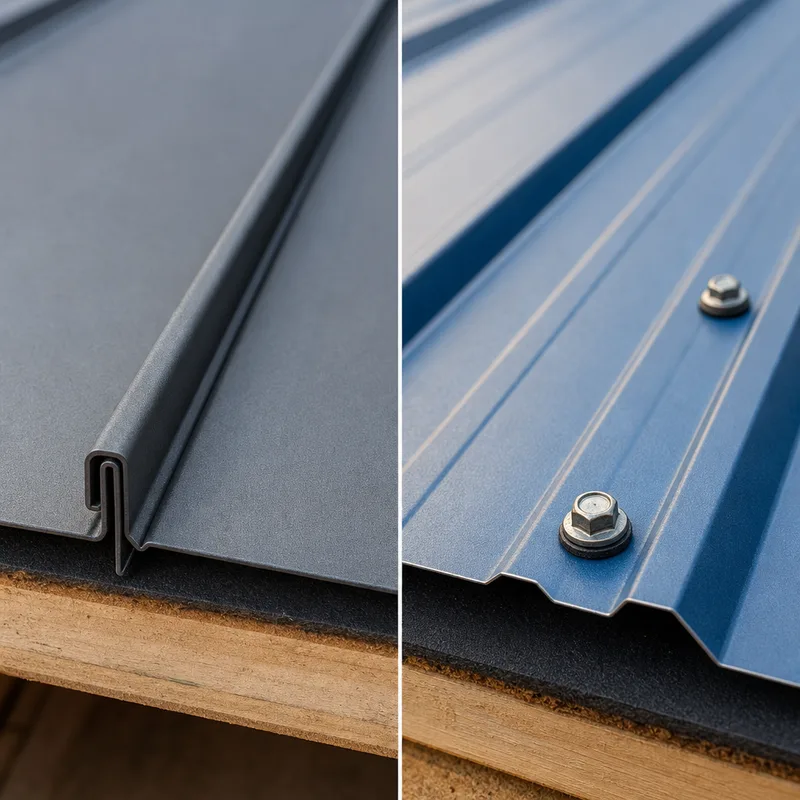 Close-up comparison of standing seam and exposed-fastener metal roof profiles and edge details