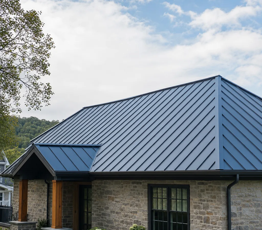 Finished standing seam metal roof on a Blue Bell-area home with crisp seams and detailed ridge and eaves