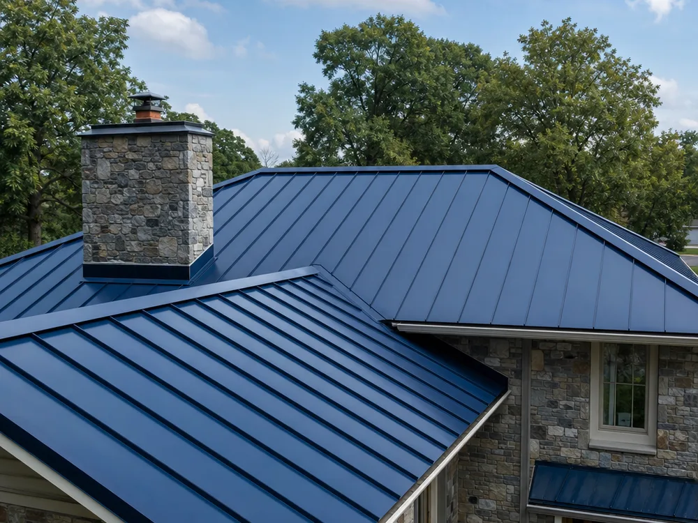 Completed standing seam metal roof with consistent panel spacing and clean ridge cap lines