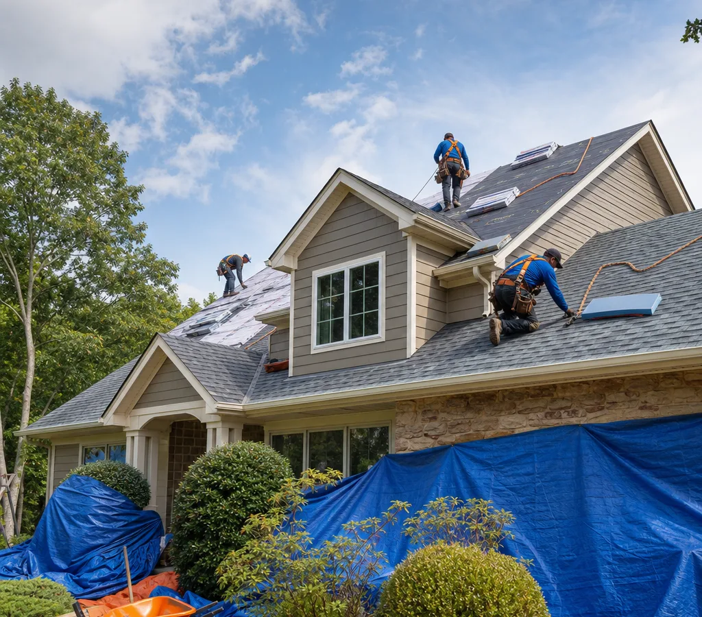 Roofing crew installing architectural shingles on a Blue Bell home with safety harnesses and landscaping protection