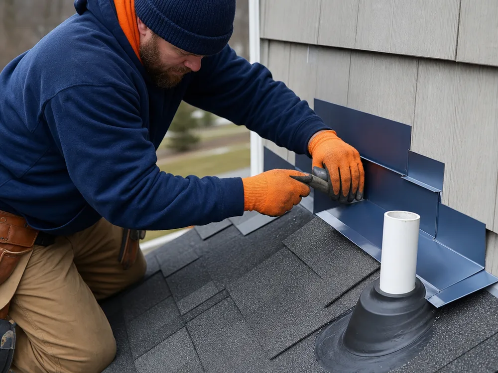 Roofer installing step flashing and sealing around a roof pipe boot