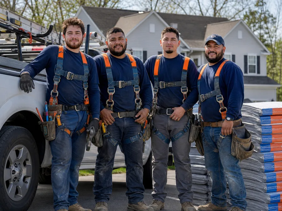 Roofing Blue Bell crew in safety gear beside a work truck and stacked shingles
